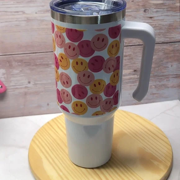 40oz Stainless Steel Smiley Face Travel Mug with Handle - Picture 2 of 3